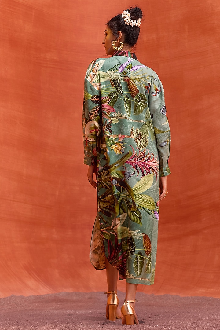 Green Viscose Satin Floral Printed Elara Summer Shirt Dress by Kalista at Pernia's Pop Up Shop