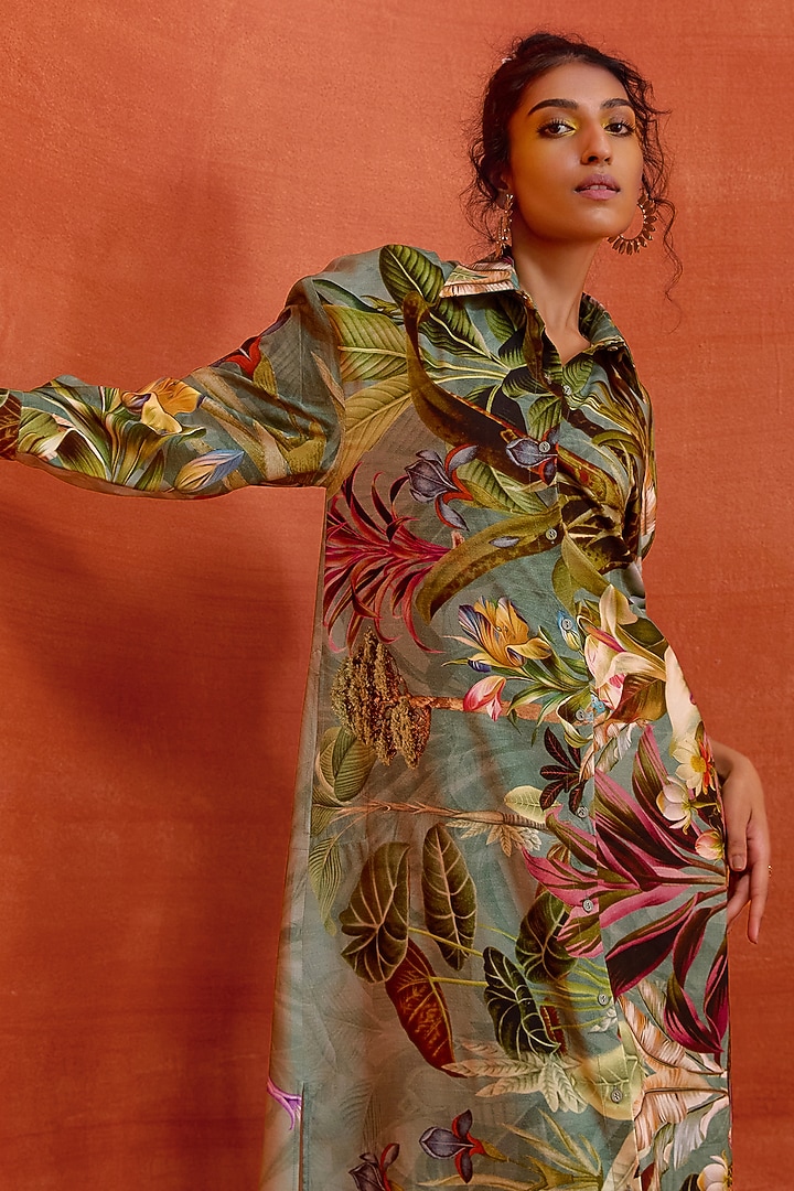 Green Viscose Satin Floral Printed Elara Summer Shirt Dress by Kalista at Pernia's Pop Up Shop