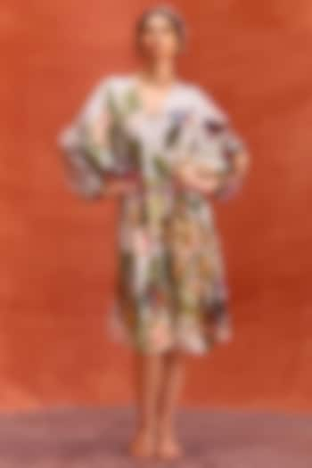 Slate Grey Viscose Satin Floral Printed Elara Kaftan Dress by Kalista