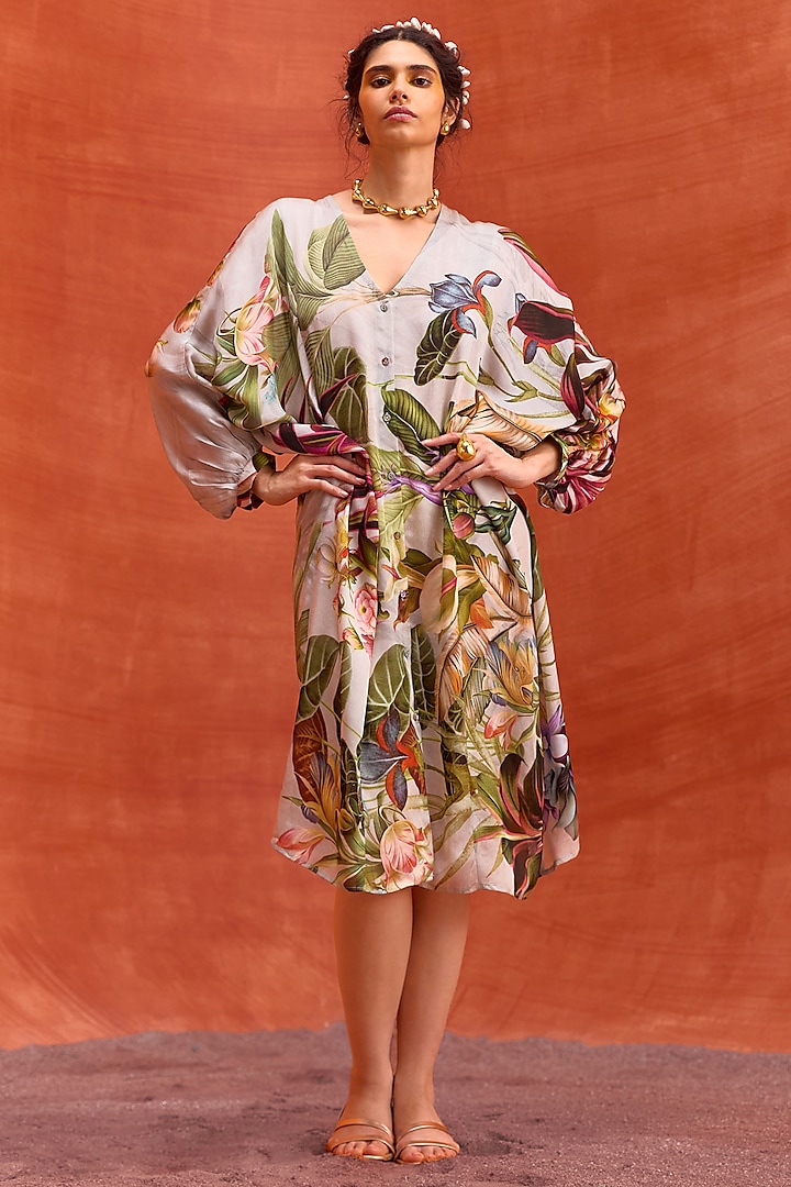 Slate Grey Viscose Satin Floral Printed Elara Kaftan Dress by Kalista