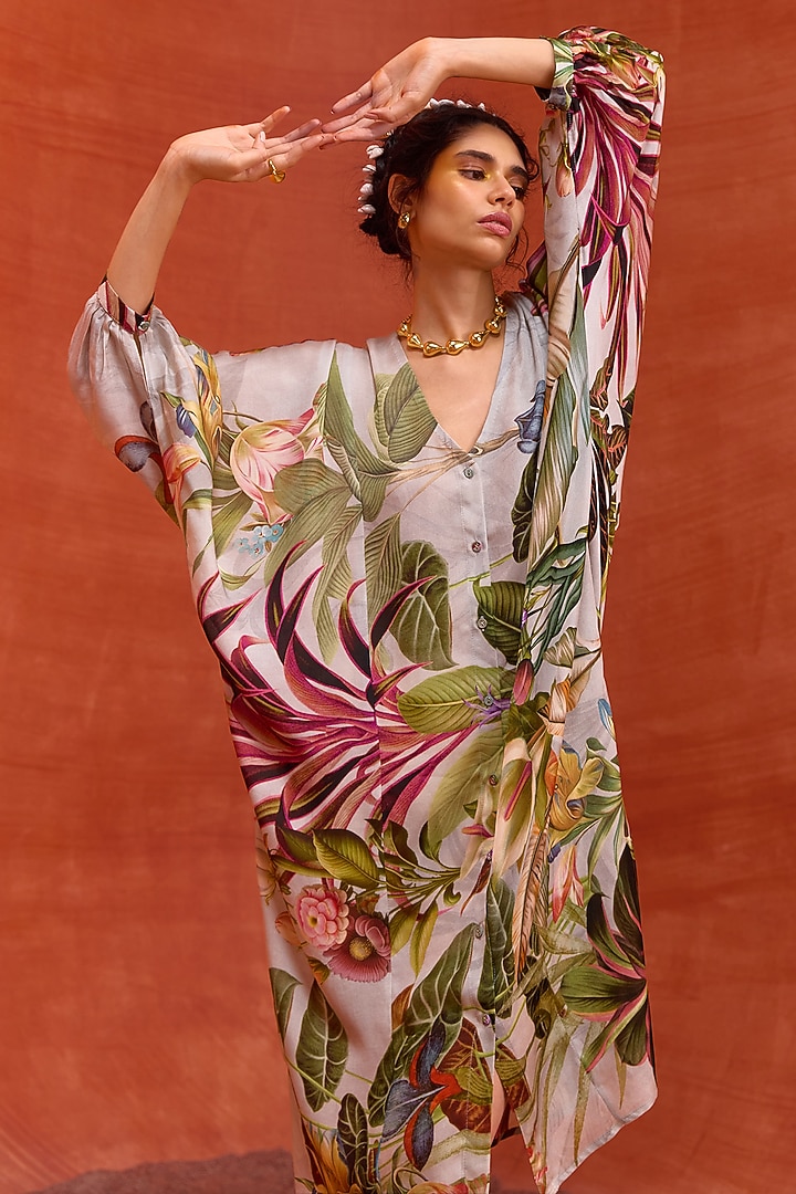 Slate Grey Viscose Satin Floral Printed Elara Kaftan Summer Dress by Kalista at Pernia's Pop Up Shop