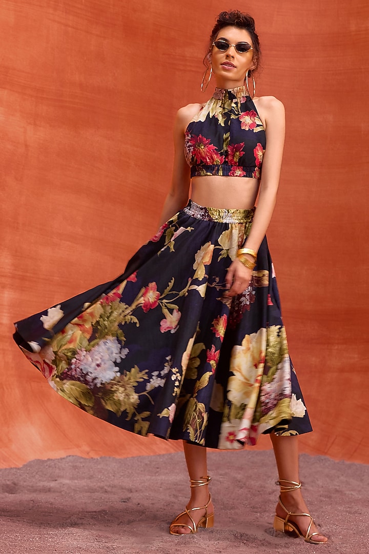 Midnight Blue Viscose Silk Floral Printed A-Line Rosalie Skirt Set by Kalista at Pernia's Pop Up Shop
