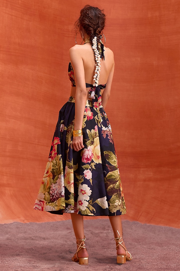 Midnight Blue Viscose Silk Floral Printed A-Line Rosalie Skirt Set by Kalista at Pernia's Pop Up Shop