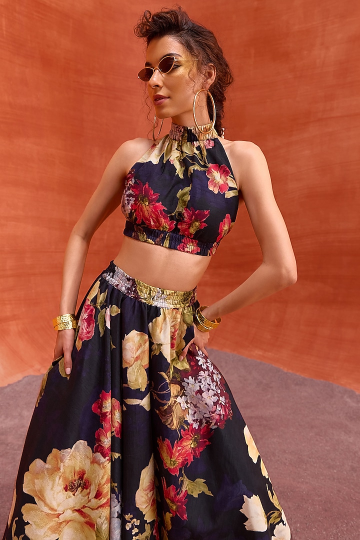 Midnight Blue Viscose Silk Floral Printed A-Line Rosalie Skirt Set by Kalista at Pernia's Pop Up Shop