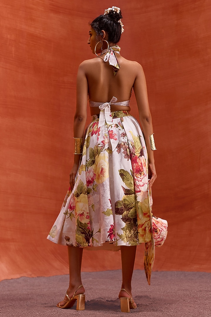 White Viscose Silk Floral Printed A-Line Rosalie Skirt Set by Kalista at Pernia's Pop Up Shop