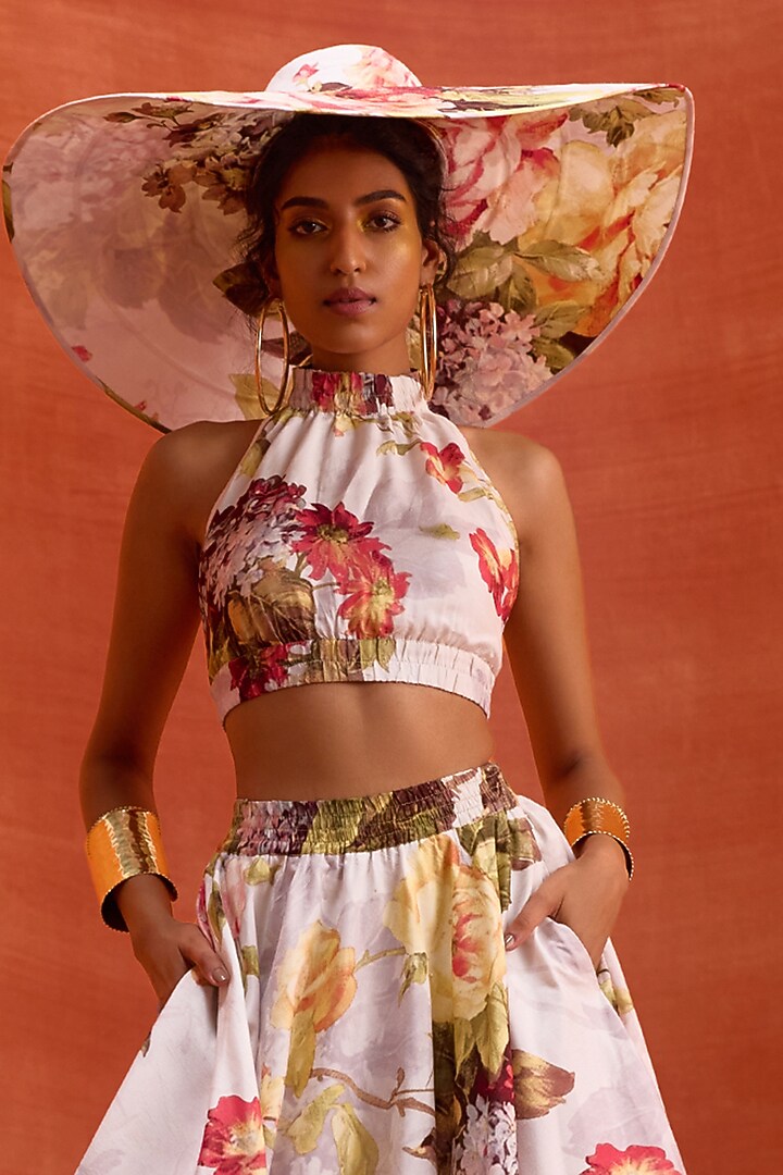 White Viscose Silk Floral Printed A-Line Rosalie Skirt Set by Kalista at Pernia's Pop Up Shop