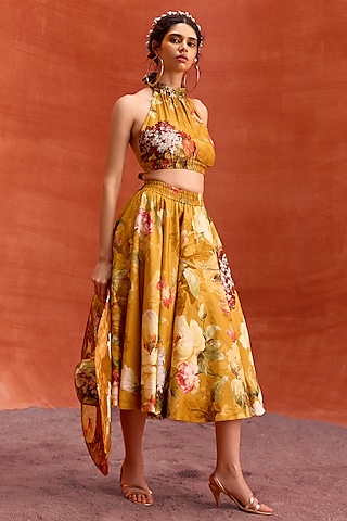 Mustard Viscose Silk Floral Printed A-Line Rosalie Skirt Set by Kalista