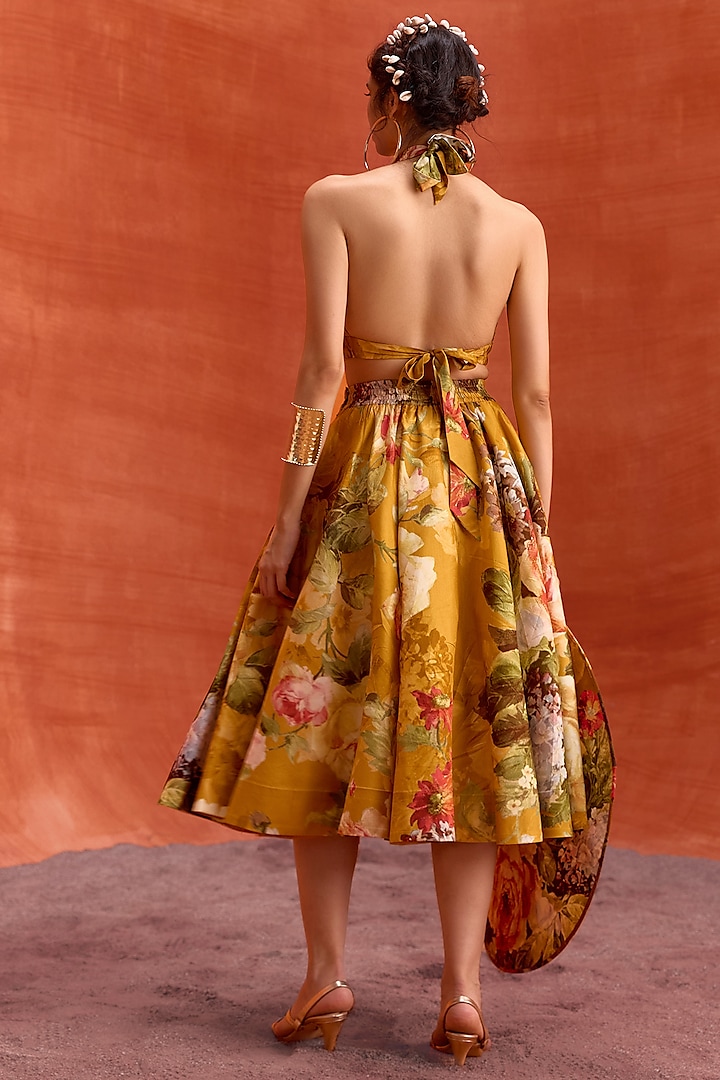 Mustard Viscose Silk Floral Printed A-Line Rosalie Skirt Set by Kalista at Pernia's Pop Up Shop