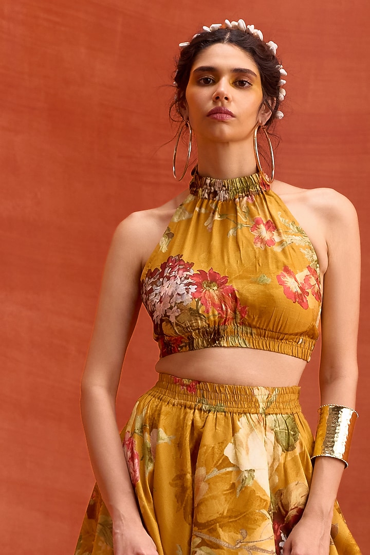Mustard Viscose Silk Floral Printed A-Line Rosalie Skirt Set by Kalista at Pernia's Pop Up Shop