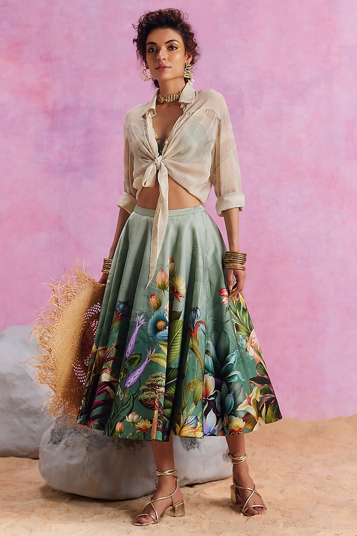 Slate Green Viscose Satin Floral Printed Amelia Skirt Set by Kalista at Pernia's Pop Up Shop