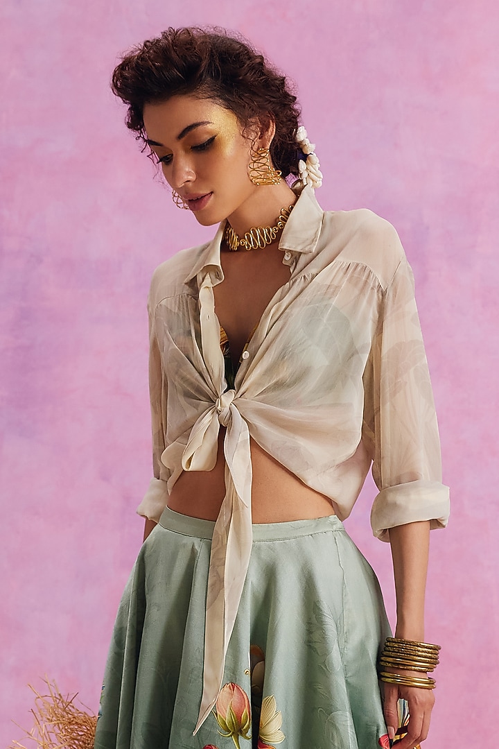 Slate Green Viscose Satin Floral Printed Amelia Skirt Set by Kalista at Pernia's Pop Up Shop