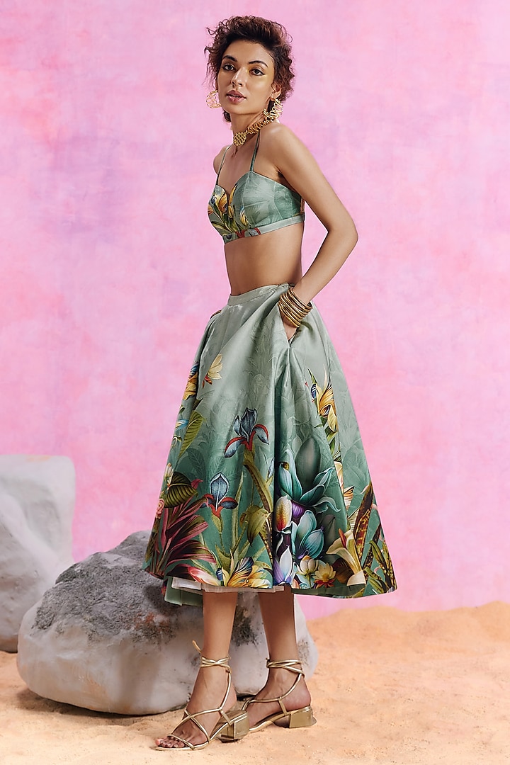 Slate Green Viscose Satin Floral Printed Amelia Skirt Set by Kalista at Pernia's Pop Up Shop
