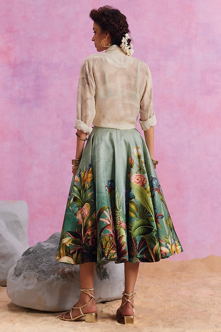 Slate Green Viscose Satin Floral Printed Amelia Skirt Set by Kalista at Pernia's Pop Up Shop