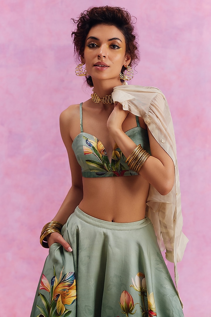 Slate Green Viscose Satin Floral Printed Amelia Skirt Set by Kalista at Pernia's Pop Up Shop