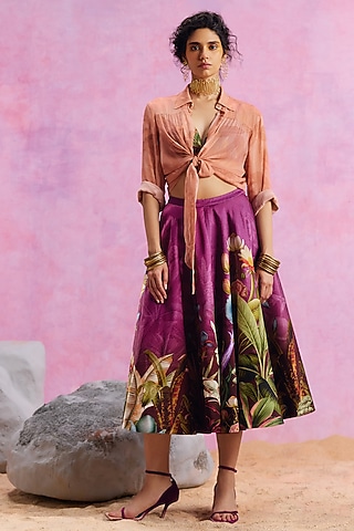Purple Viscose Satin Floral Printed Amelia Skirt Set by Kalista