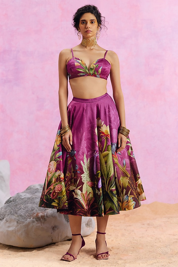 Purple Viscose Satin Floral Printed Amelia Skirt Set by Kalista at Pernia's Pop Up Shop