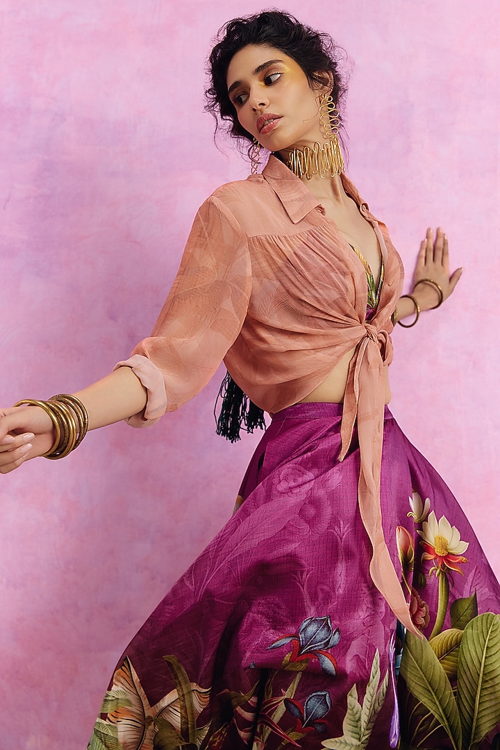 Purple Viscose Satin Floral Printed Amelia Skirt Set by Kalista at Pernia's Pop Up Shop