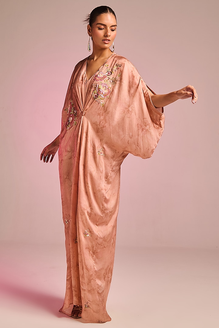Salmon Pink Viscose Satin Floral Embroidered Draped Kaftan by Kalista at Pernia's Pop Up Shop