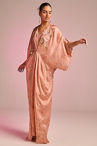 Salmon Pink Viscose Satin Floral Embroidered Draped Kaftan by Kalista