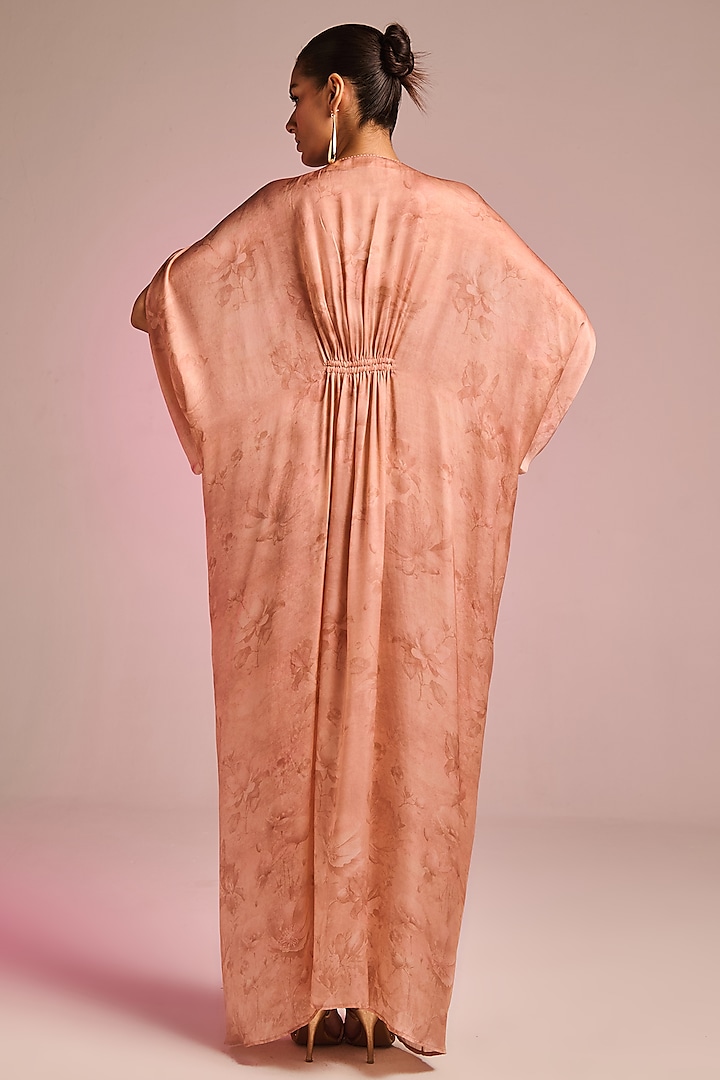 Salmon Pink Viscose Satin Floral Embroidered Draped Kaftan by Kalista at Pernia's Pop Up Shop