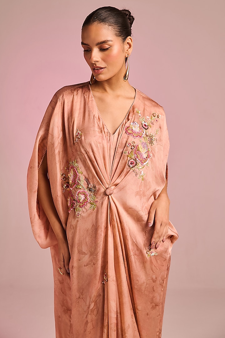 Salmon Pink Viscose Satin Floral Embroidered Draped Kaftan by Kalista at Pernia's Pop Up Shop