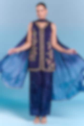 Navy Blue Viscose Satin Sequins Embroidered Kurta Set by Kalista at Pernia's Pop Up Shop