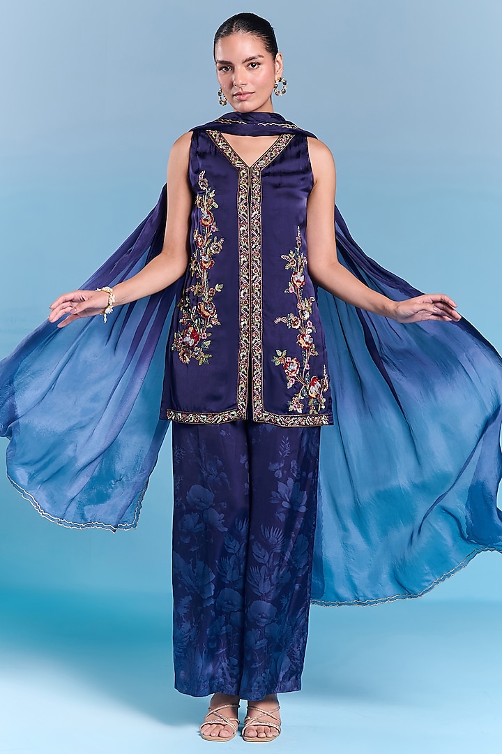Navy Blue Viscose Satin Sequins Embroidered Kurta Set by Kalista at Pernia's Pop Up Shop