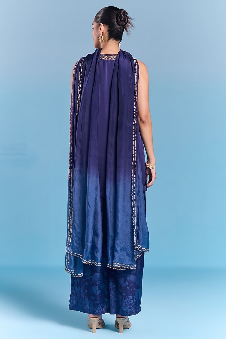 Navy Blue Viscose Satin Sequins Embroidered Kurta Set by Kalista at Pernia's Pop Up Shop