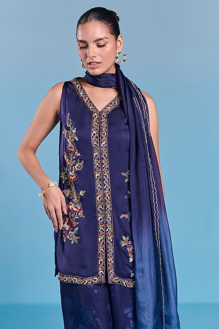 Navy Blue Viscose Satin Sequins Embroidered Kurta Set by Kalista at Pernia's Pop Up Shop