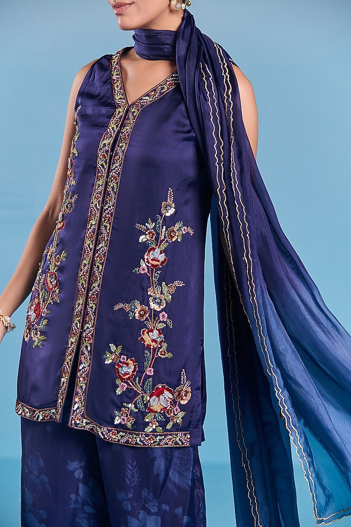 Navy Blue Viscose Satin Sequins Embroidered Kurta Set by Kalista at Pernia's Pop Up Shop
