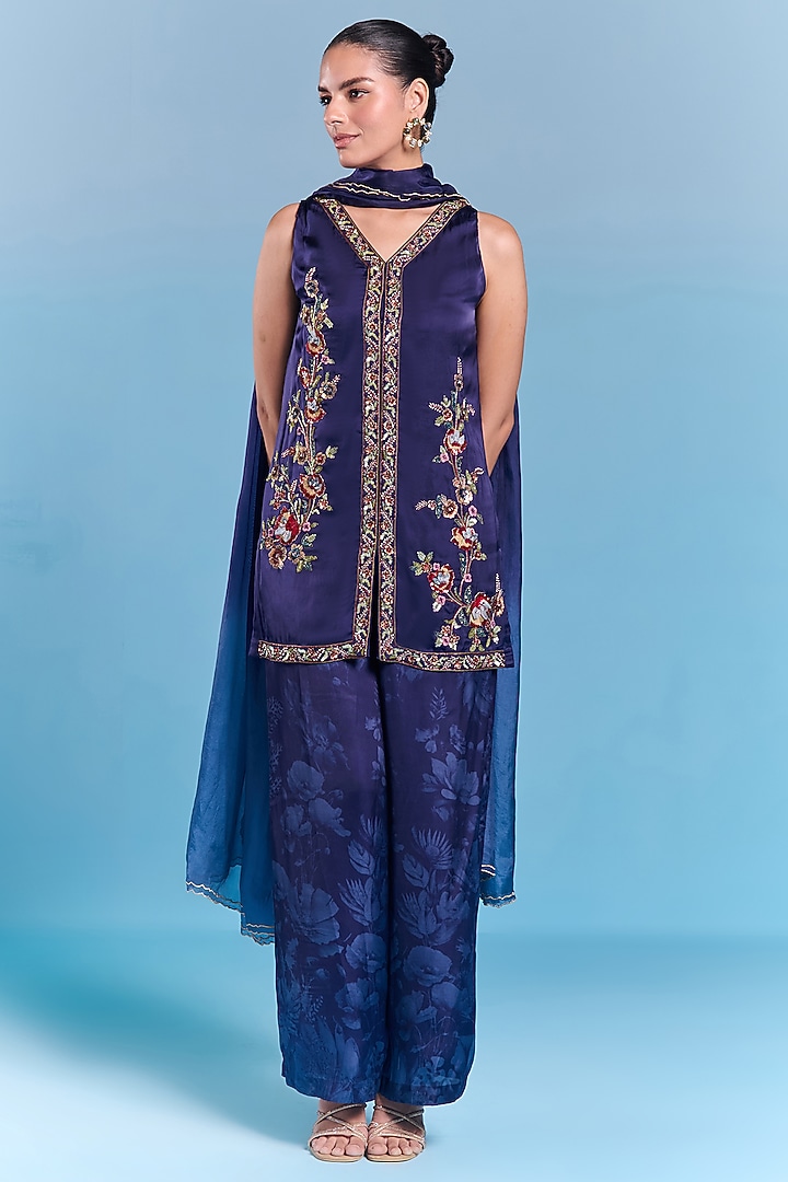 Navy Blue Viscose Satin Sequins Embroidered Kurta Set by Kalista at Pernia's Pop Up Shop