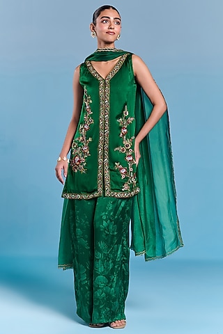Emerald Green Viscose Satin Sequins Embroidered Kurta Set by Kalista