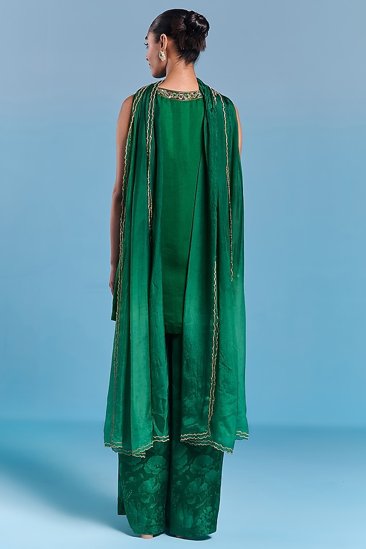 Emerald Green Viscose Satin Sequins Embroidered Kurta Set by Kalista at Pernia's Pop Up Shop