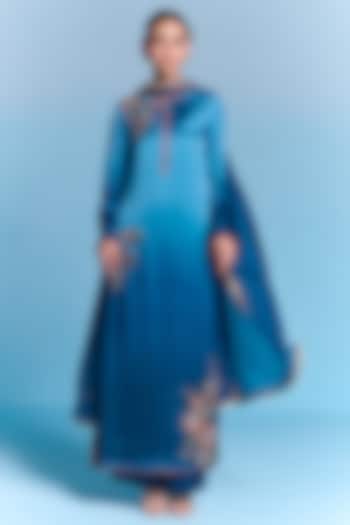 Blue Ombre Viscose Satin Floral Hand Embroidered Kurta Set by Kalista at Pernia's Pop Up Shop