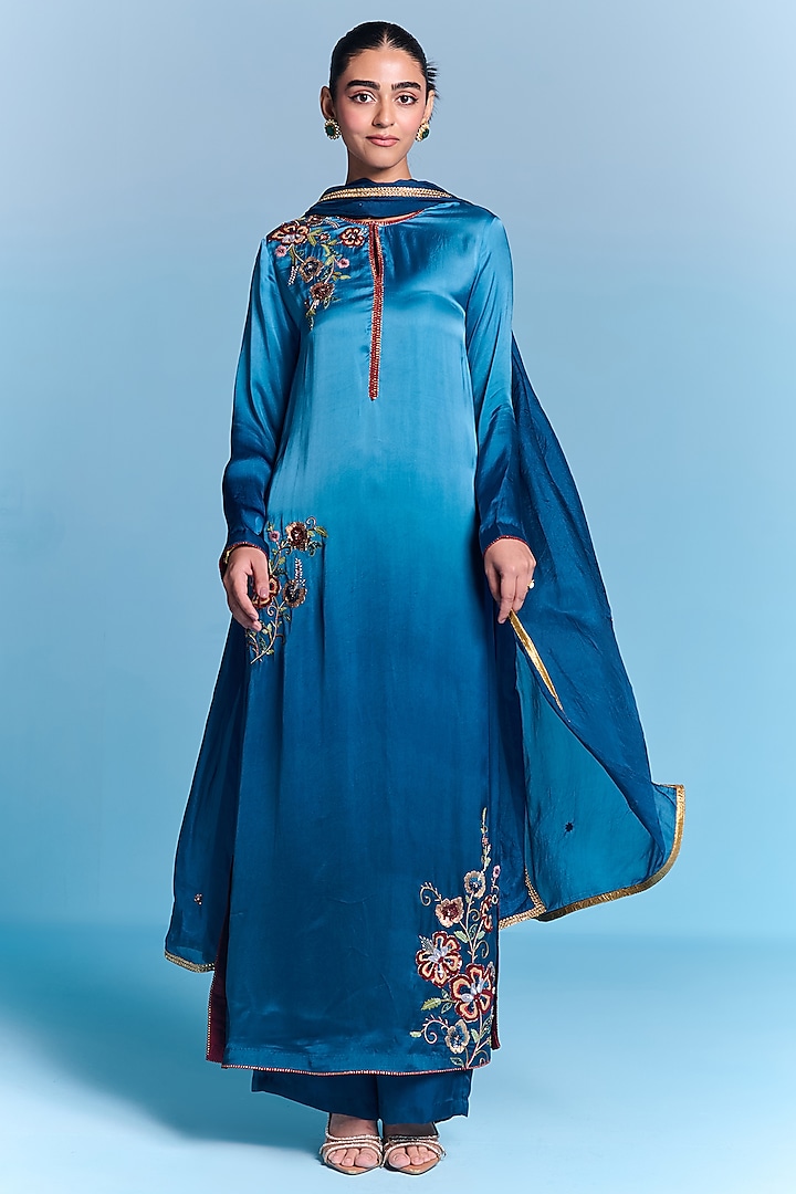 Blue Ombre Viscose Satin Floral Hand Embroidered Kurta Set by Kalista at Pernia's Pop Up Shop