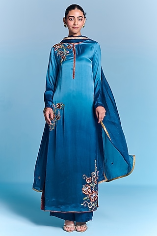 Blue Ombre Viscose Satin Floral Hand Embroidered Kurta Set by Kalista