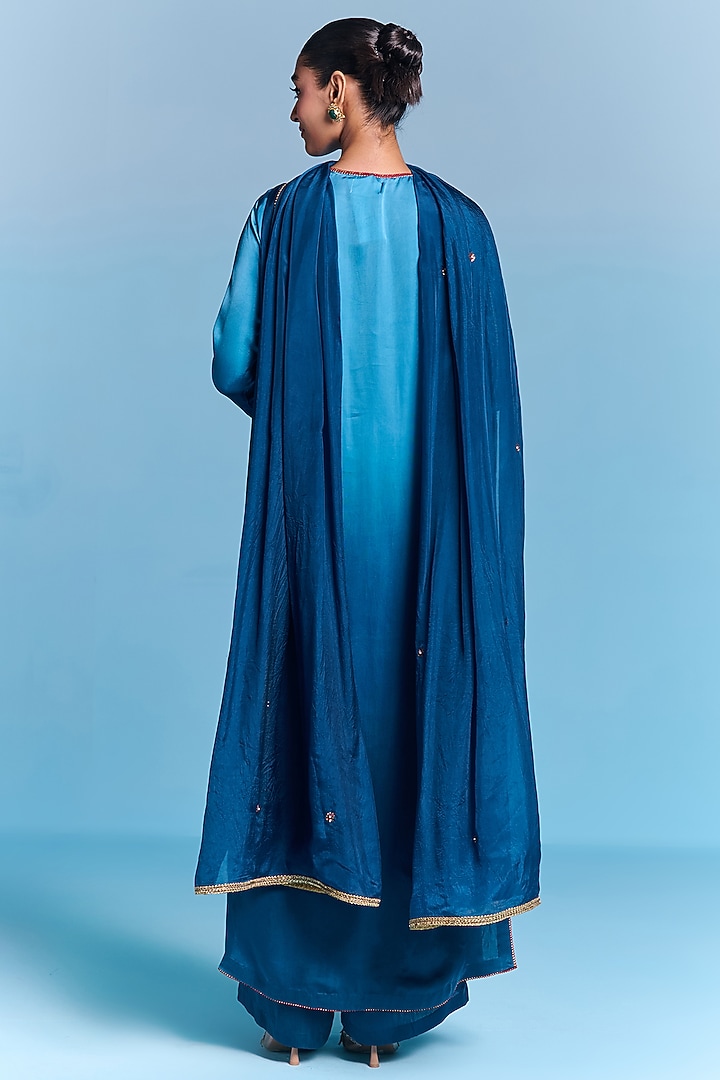 Blue Ombre Viscose Satin Floral Hand Embroidered Kurta Set by Kalista at Pernia's Pop Up Shop