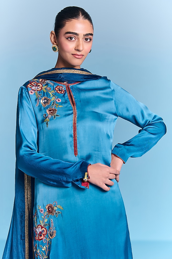 Blue Ombre Viscose Satin Floral Hand Embroidered Kurta Set by Kalista at Pernia's Pop Up Shop