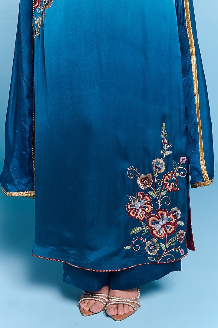 Blue Ombre Viscose Satin Floral Hand Embroidered Kurta Set by Kalista at Pernia's Pop Up Shop