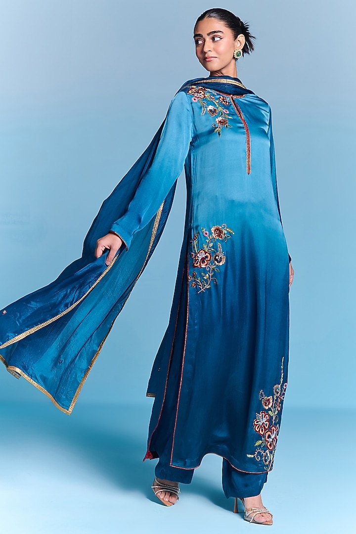 Blue Ombre Viscose Satin Floral Hand Embroidered Kurta Set by Kalista at Pernia's Pop Up Shop
