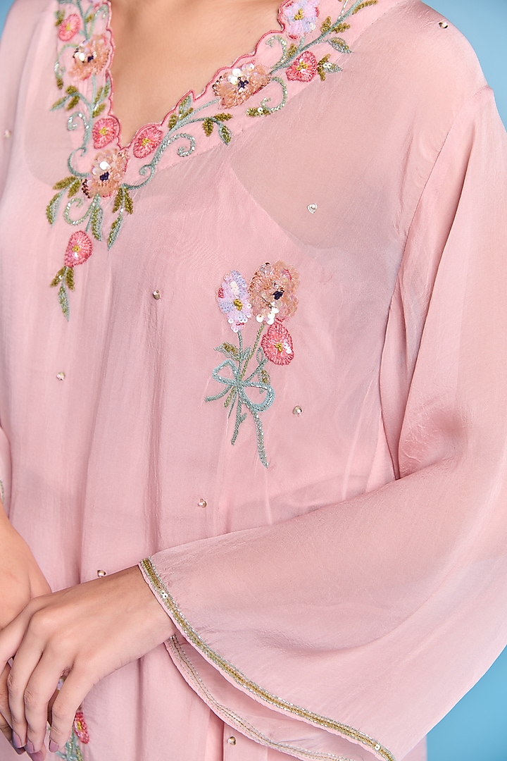 Blush Pink Organza Floral Embroidered Kaftan Set by Kalista at Pernia's Pop Up Shop