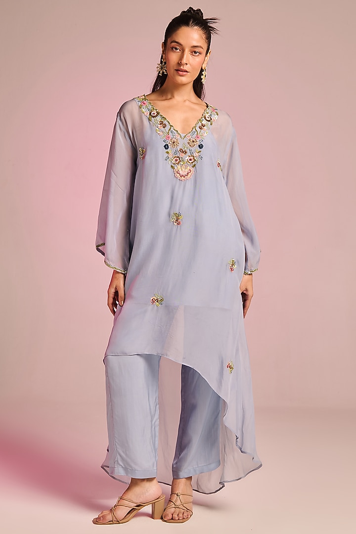 Powder Blue Organza Floral Embroidered Kaftan Set by Kalista at Pernia's Pop Up Shop