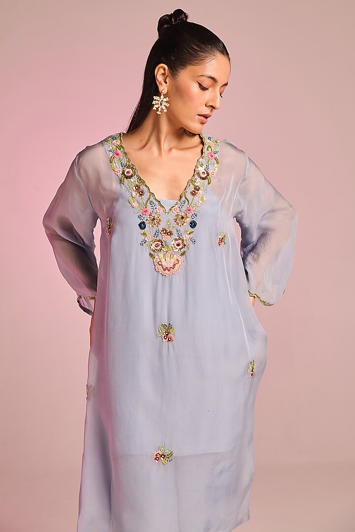 Powder Blue Organza Floral Embroidered Kaftan Set by Kalista at Pernia's Pop Up Shop