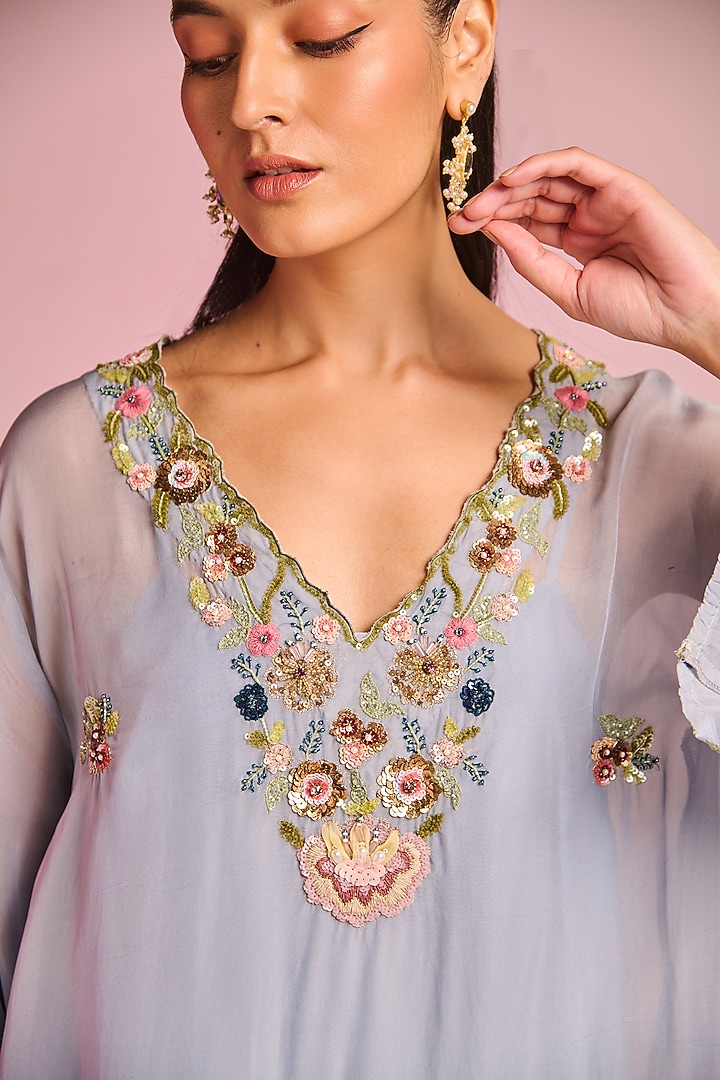 Powder Blue Organza Floral Embroidered Kaftan Set by Kalista at Pernia's Pop Up Shop