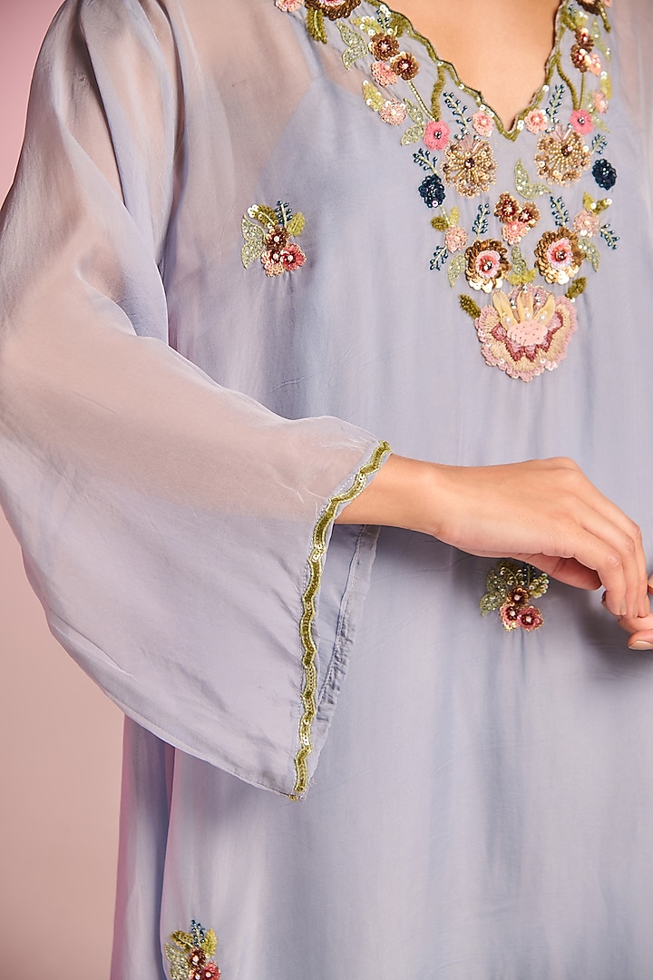 Powder Blue Organza Floral Embroidered Kaftan Set by Kalista at Pernia's Pop Up Shop