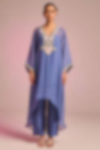 Steel Blue Organza Floral Embroidered Kaftan Set by Kalista at Pernia's Pop Up Shop