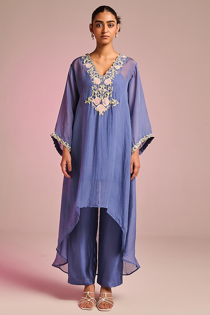 Steel Blue Organza Floral Embroidered Kaftan Set by Kalista at Pernia's Pop Up Shop