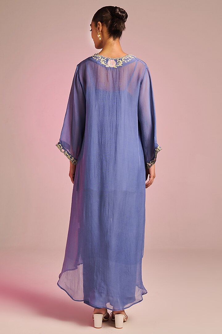 Steel Blue Organza Floral Embroidered Kaftan Set by Kalista at Pernia's Pop Up Shop