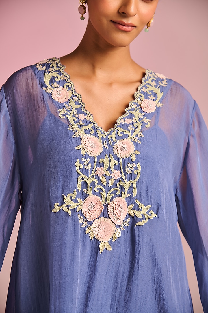 Steel Blue Organza Floral Embroidered Kaftan Set by Kalista at Pernia's Pop Up Shop