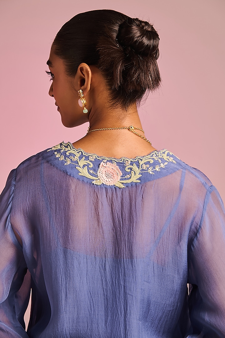 Steel Blue Organza Floral Embroidered Kaftan Set by Kalista at Pernia's Pop Up Shop
